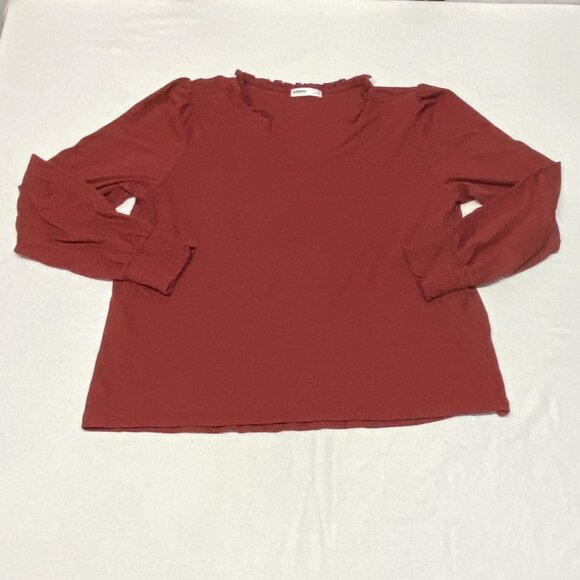 Sonoma Ruffle Open V-Neck Knit Top Long Sleeve Shirred Cuff Blouse Rust XL - Picture 7 of 12